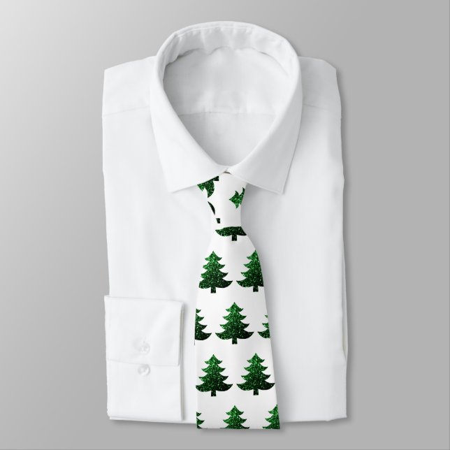 Sparkly Christmas tree green and white pattern Neck Tie (Tied)