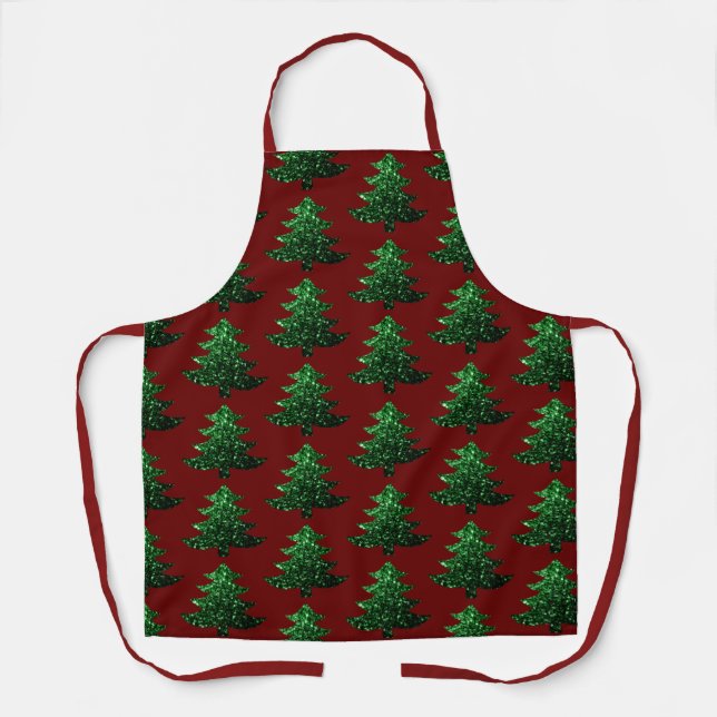 Sparkly Christmas tree green Dark red pattern Apron (Front)