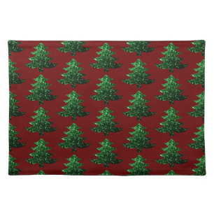 Sparkly Christmas tree green Dark red pattern Cloth Placemat