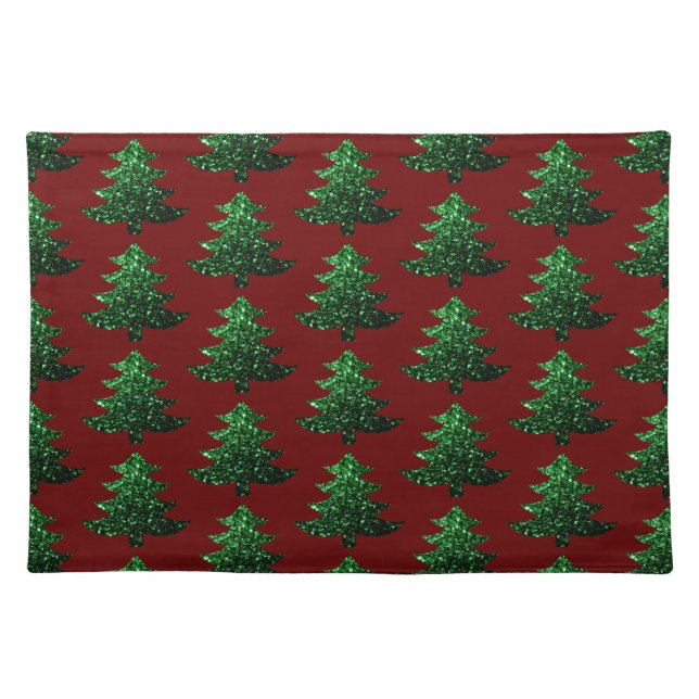 Sparkly Christmas tree green Dark red pattern Cloth Placemat (Front)