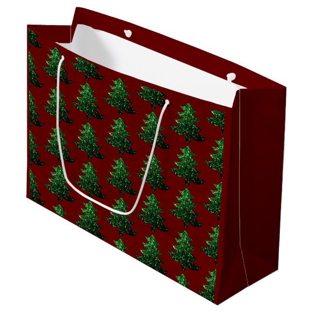 Sparkly Christmas tree green Dark red pattern Large Gift Bag (Front Angled)