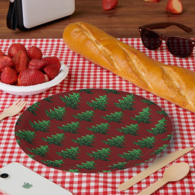 Sparkly Christmas tree green Dark red pattern Paper Plates (Picnic)