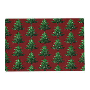 Sparkly Christmas tree green Dark red pattern Placemat