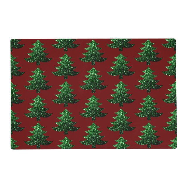 Sparkly Christmas tree green Dark red pattern Placemat (Front)