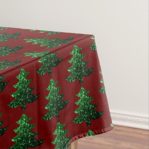 Sparkly Christmas tree green Dark red pattern Tablecloth