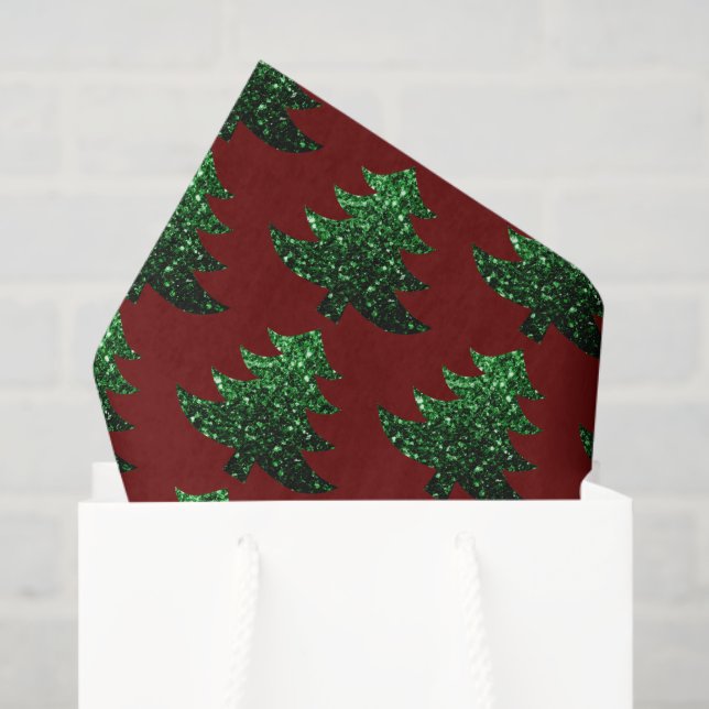 Sparkly Christmas tree green Dark red pattern Tissue Paper (Gift Bag)