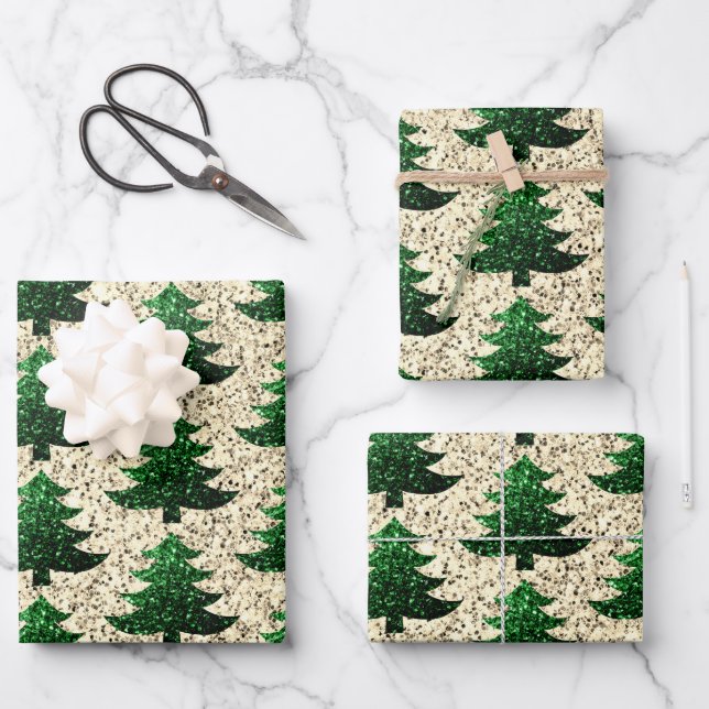Sparkly Christmas tree green gold pattern Wrapping Paper Sheets (Front)