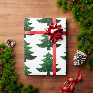 Sparkly Christmas tree green pattern white Wrapping Paper