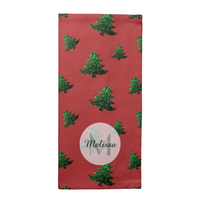 Sparkly Christmas tree green sparkle Red Monogram Cloth Napkin (Half Fold)