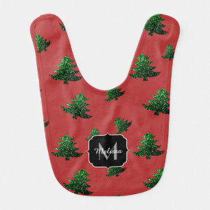 Sparkly Christmas tree green sparkles Monogram Baby Bib