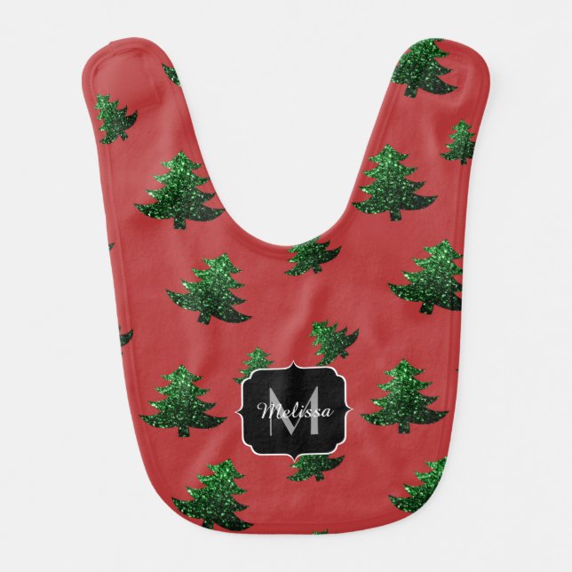 Sparkly Christmas tree green sparkles Monogram Baby Bib (Front)