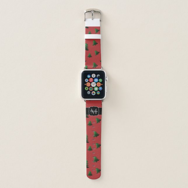 Sparkly Christmas tree green sparkles Monogram red Apple Watch Band (Front)