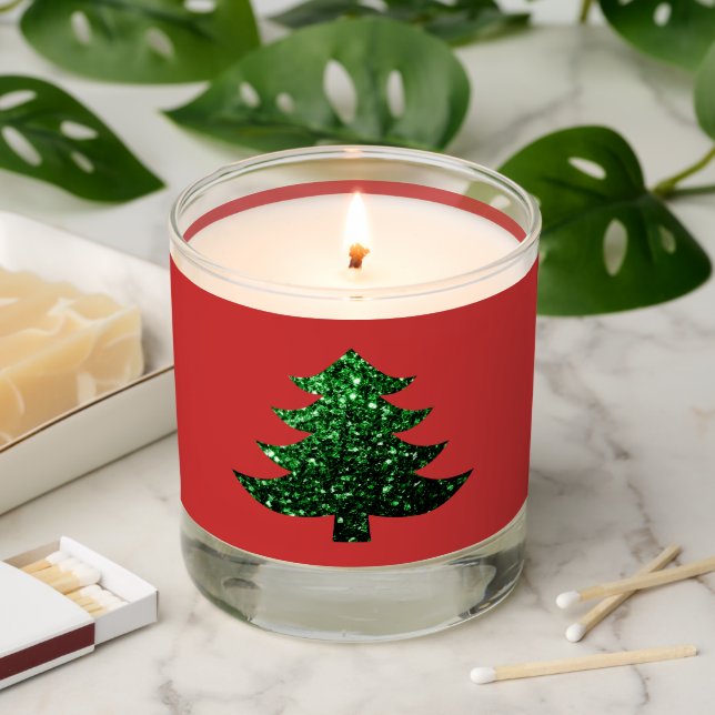 Sparkly Christmas tree green sparkles on red Scented Candle (Lit)