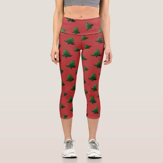 Sparkly Christmas tree green sparkles pattern Capri Leggings (Front)