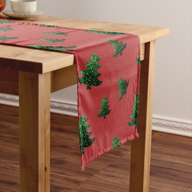 Sparkly Christmas tree green sparkles pattern red Short Table Runner (In Situ)