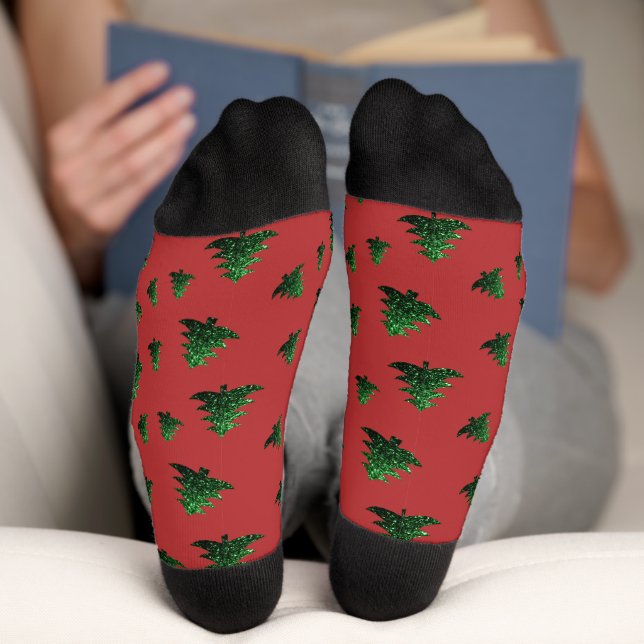 Sparkly Christmas tree green sparkles pattern red Socks (Bottom)