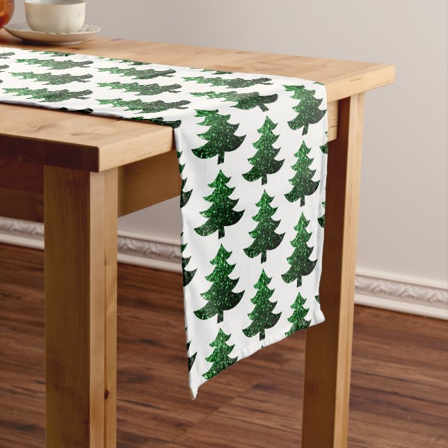 Sparkly Christmas tree green white pattern Short Table Runner (In Situ)