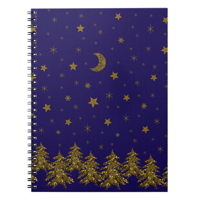 Sparkly Christmas tree, moon, stars Notebook (Front)