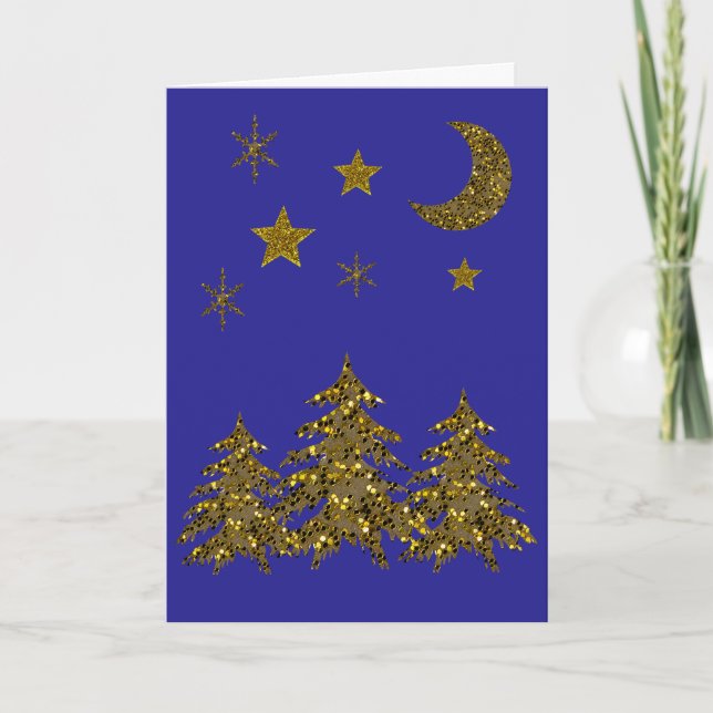 Sparkly Christmas tree, moon, stars on blue Holiday Card (Front)