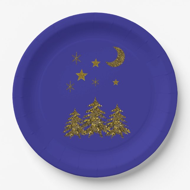 Sparkly Christmas tree, moon, stars on blue Paper Plates (Front)
