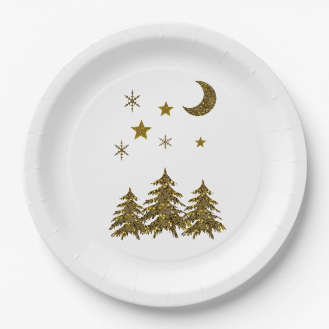 Sparkly Christmas tree, moon, stars Paper Plates (Front)