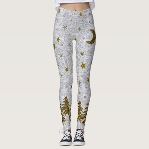 Sparkly Christmas tree stars on abstract paper Leggings
