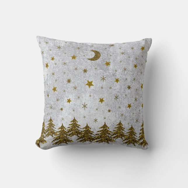 Sparkly Christmas tree, stars on abstract paper Throw Pillow (Front)
