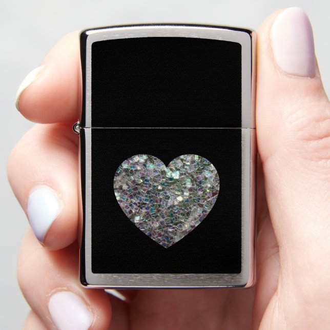 Sparkly colorful silver mosaic Heart on Black Zippo Lighter (In Hand)