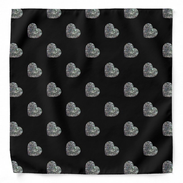 Sparkly colorful silver mosaic Heart pattern Black Bandana (Front)