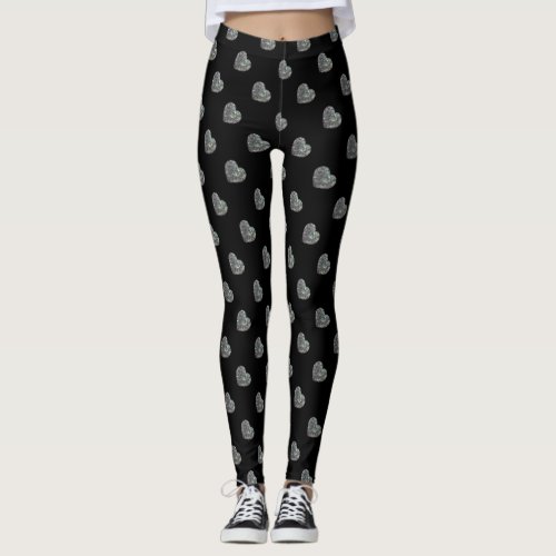 Sparkly colorful silver mosaic Heart pattern black Leggings