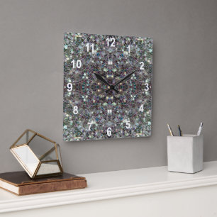 Sparkly colorful silver mosaic Mandala w numbers Square Wall Clock