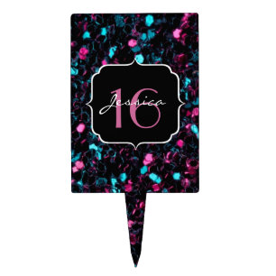 Sparkly colourful pink and blue mosaic Sweet 16 Cake Topper