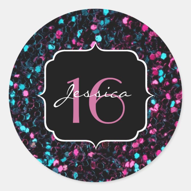 Sparkly colourful pink and blue mosaic Sweet 16 Classic Round Sticker (Front)