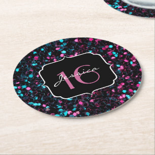 Sparkly colourful pink and blue mosaic Sweet 16 Round Paper Coaster