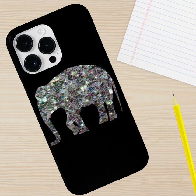 Sparkly colourful silver mosaic Elephant on black Case-Mate iPhone Case (Sparkle up and protect your phone with trendy faux sparkles phone case. In any background color.)