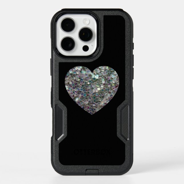 Sparkly colourful silver mosaic Heart on Black Otterbox iPhone Case (Back)