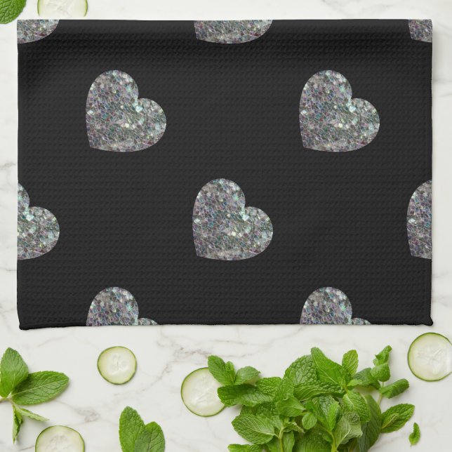 Sparkly colourful silver mosaic Hearts pattern Towel (Folded)
