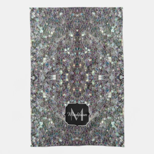 Sparkly colourful silver mosaic Mandala Monogram Kitchen Towel