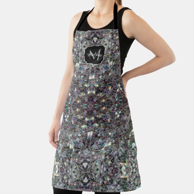 Sparkly colourful silver mosaic Monogram Apron (Insitu)