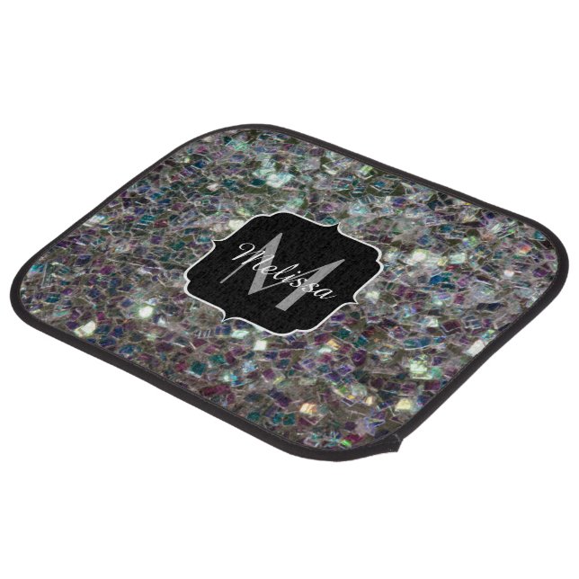 Sparkly colourful silver mosaic Monogram Car Floor Mat (Rear Angled)