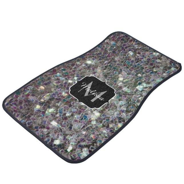 Sparkly colourful silver mosaic Monogram Car Mat (Angled)