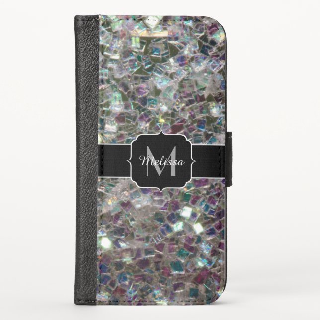 Sparkly colourful silver mosaic Monogram iPhone Wallet Case (Front)