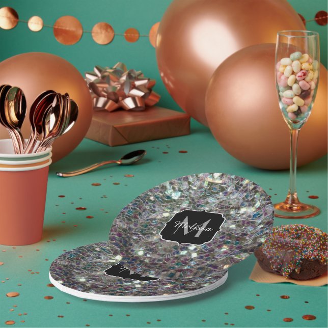 Sparkly colourful silver mosaic Monogram Paper Plates (Multi)