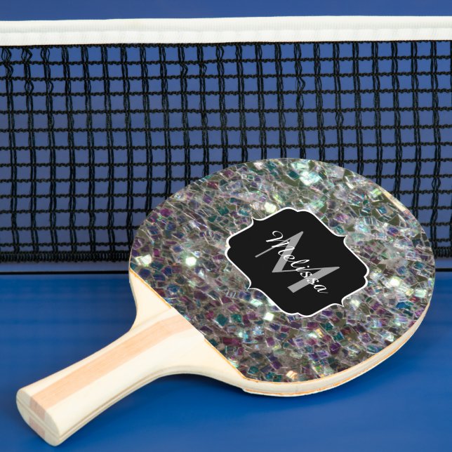 Sparkly colourful silver mosaic Monogram Ping-Pong Paddle (Insitu)