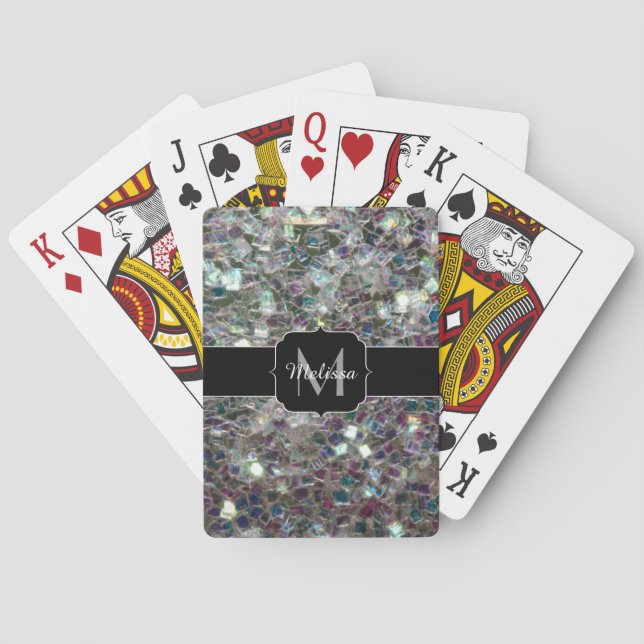 Sparkly colourful silver mosaic Monogram Poker Cards (Back)