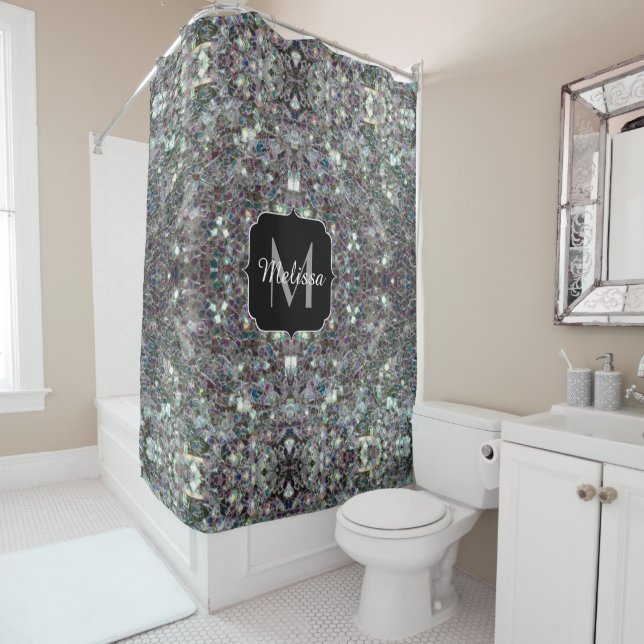 Sparkly colourful silver mosaic Monogram Shower Curtain (In Situ)