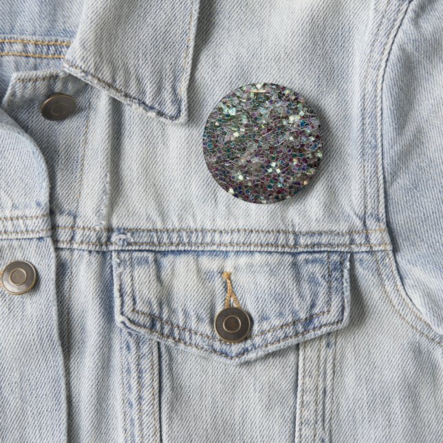 Sparkly colourful silver mosaic pinback button (In Situ)