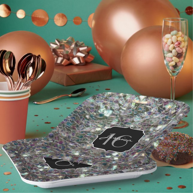 Sparkly colourful silver mosaic Sweet 16 Paper Plates (Multi)