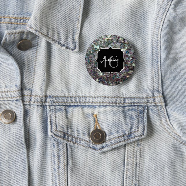 Sparkly colourful silver mosaic Sweet 16 Pinback Button (In Situ)