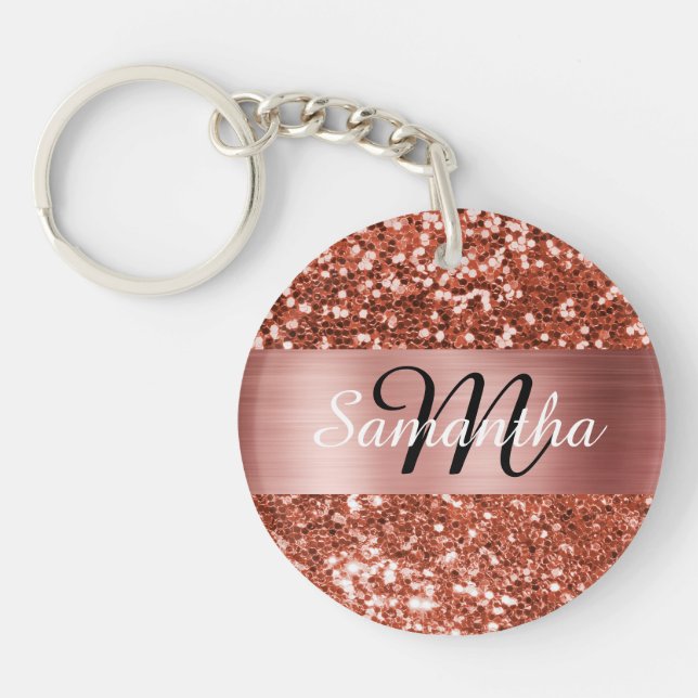 Sparkly Copper Glitter Rose Gold Foil Monogram Keychain (Front)